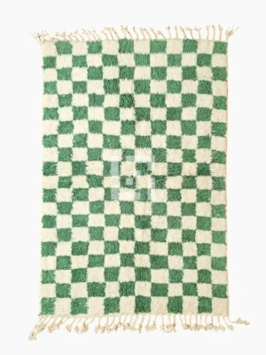 Top View of Handmade Moroccan plush wool rug with a green and white checkered pattern