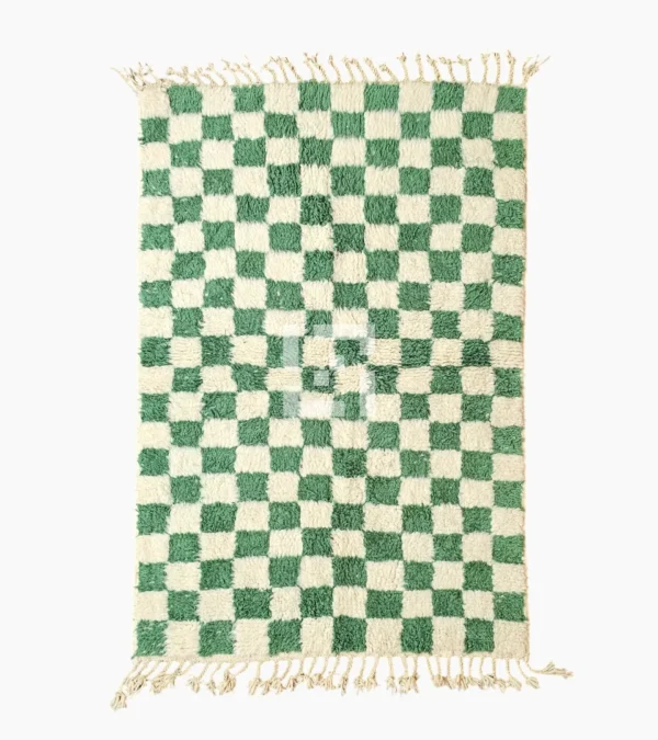 Top View of Handmade Moroccan plush wool rug with a green and white checkered pattern