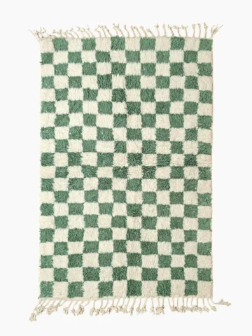 Top View of Handmade Moroccan plush wool rug with a green and white checkered pattern