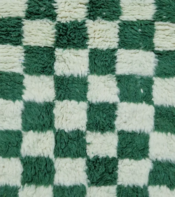 Detailed View of Handmade Moroccan plush wool rug with a green and white checkered pattern