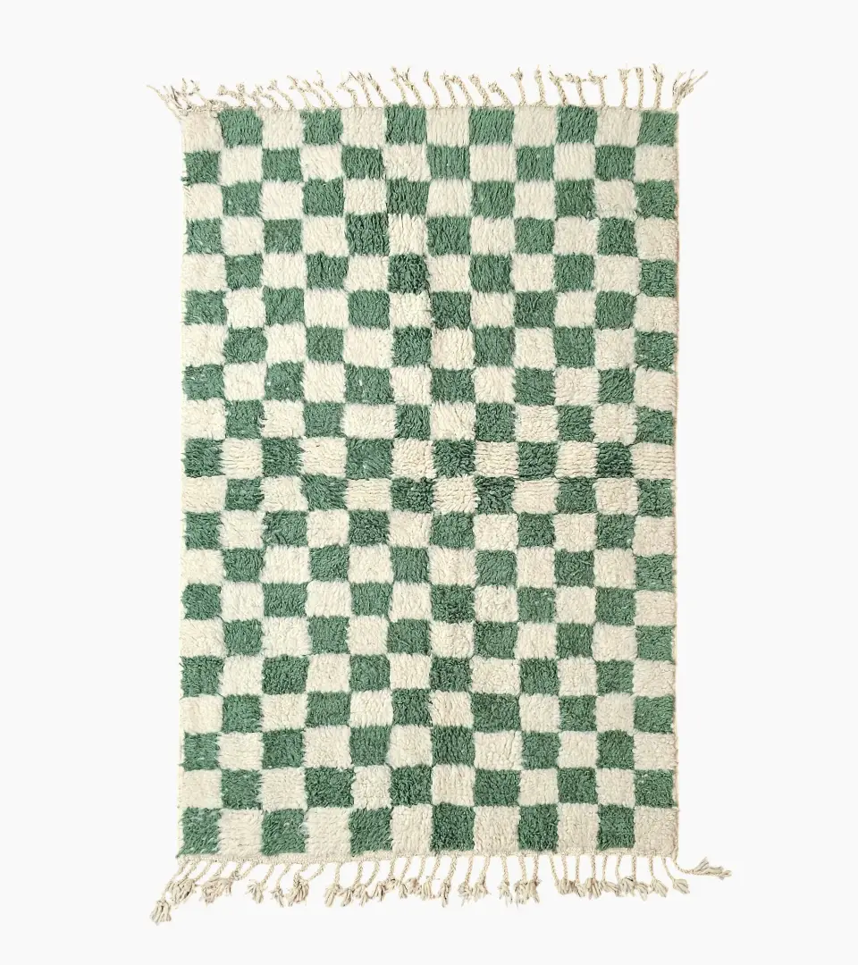 Top View of Handmade Moroccan plush wool rug with a green and white checkered pattern