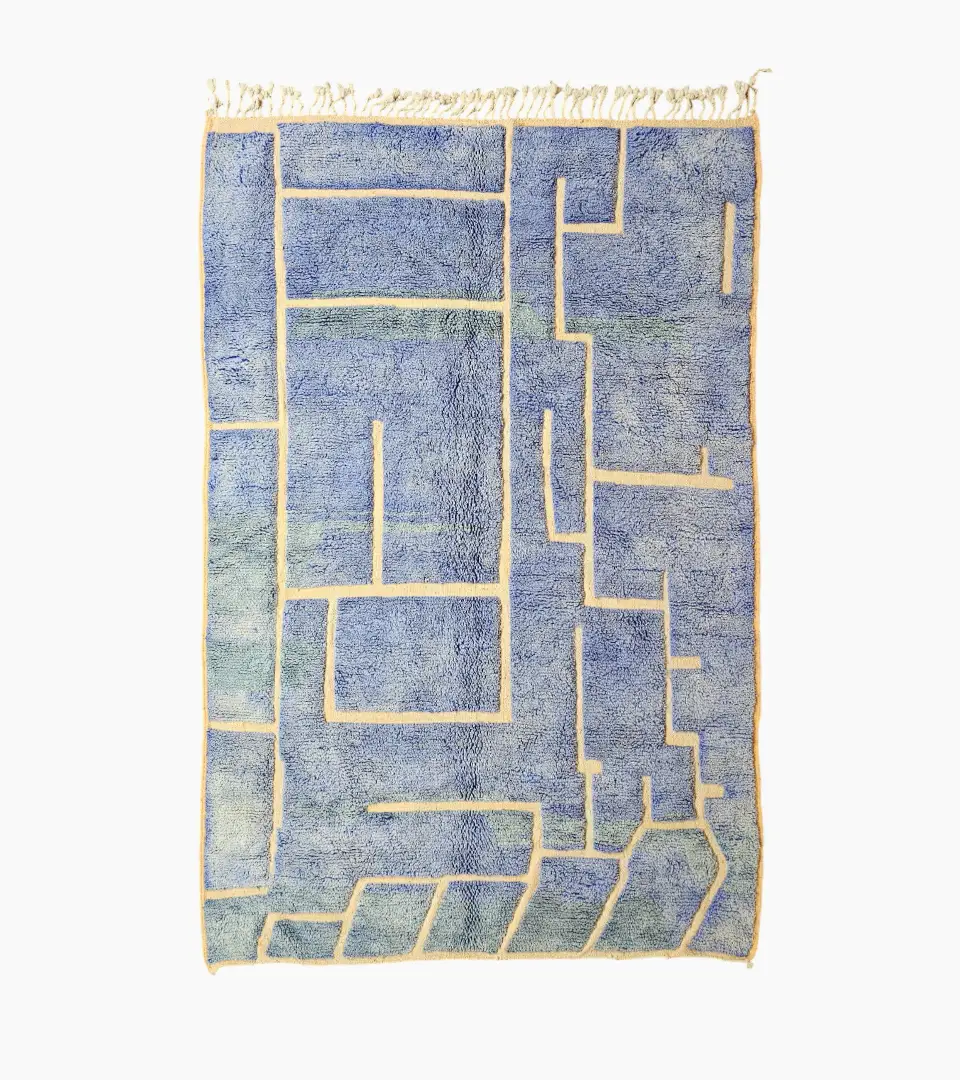 Top View of Handmade Beni Mrirt rug with a lined geometric high-low pattern