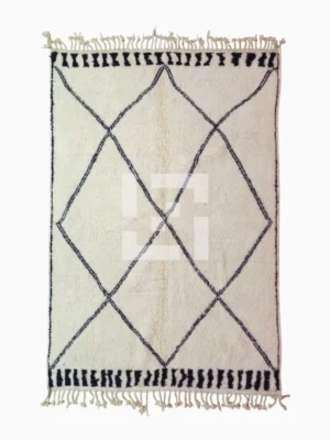 Top View of Ivory Hand-knotted Beni Ourain Moroccan wool rug with a Black diamond lattice pattern