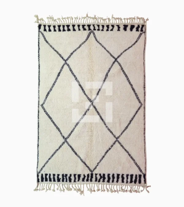 Top View of Ivory Hand-knotted Beni Ourain Moroccan wool rug with a Black diamond lattice pattern