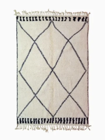 Top View of Ivory Hand-knotted Beni Ourain Moroccan wool rug with a Black diamond lattice pattern