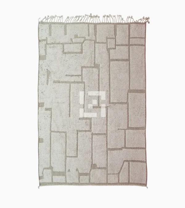 Top View of Neutral Handmade Moroccan high-low wool rug with a geometric pattern
