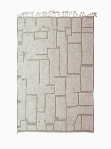 Top View of Neutral Handmade Moroccan high-low wool rug with a geometric pattern