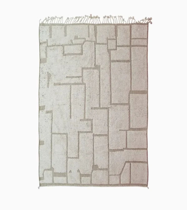 Top View of Neutral Handmade Moroccan high-low wool rug with a geometric pattern