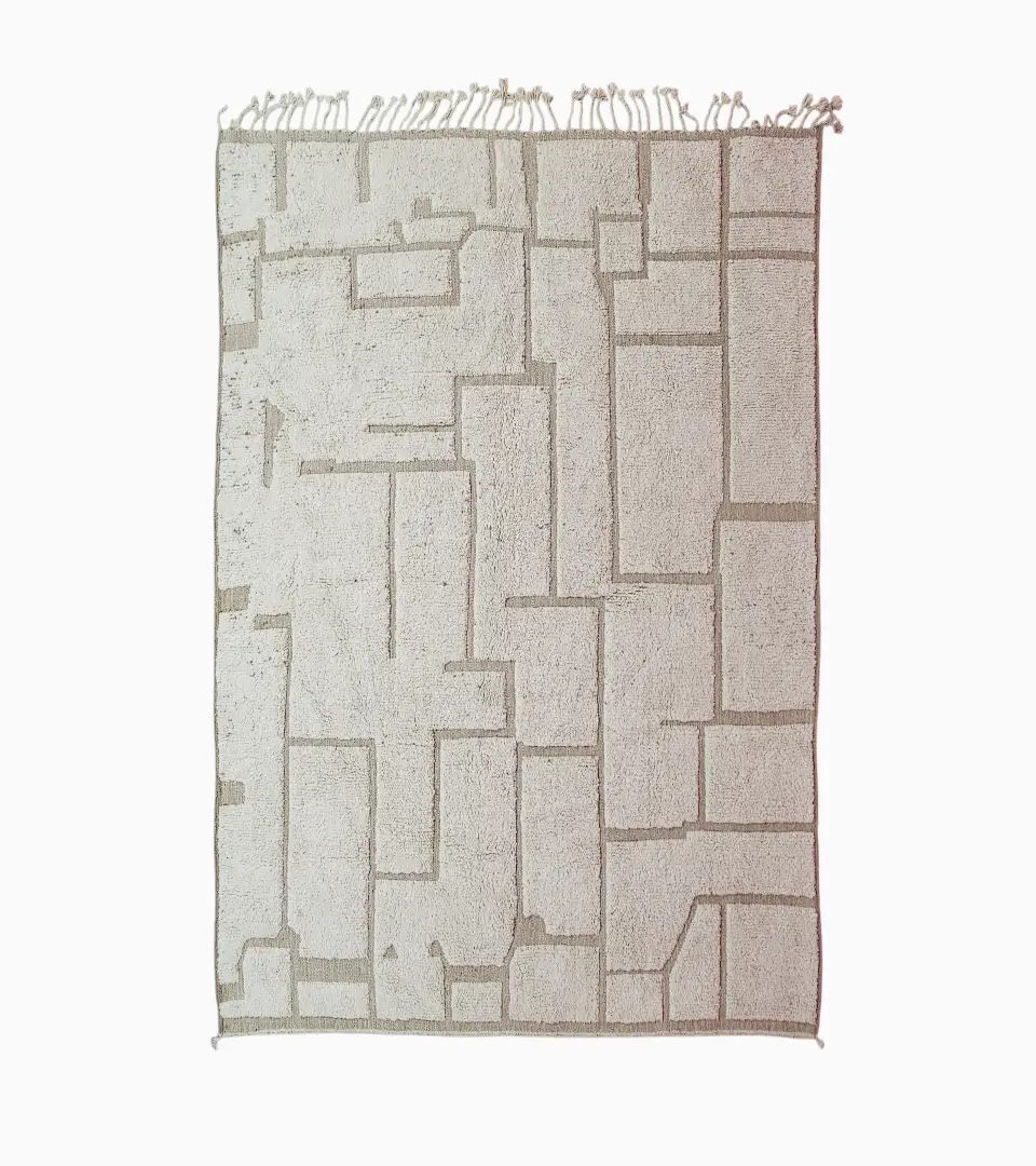 Top View of Neutral Handmade Moroccan high-low wool rug with a geometric pattern