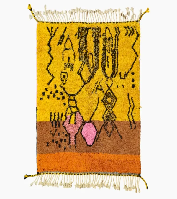 Top View of Handwoven tribal wool rug with an abstract color-block pattern