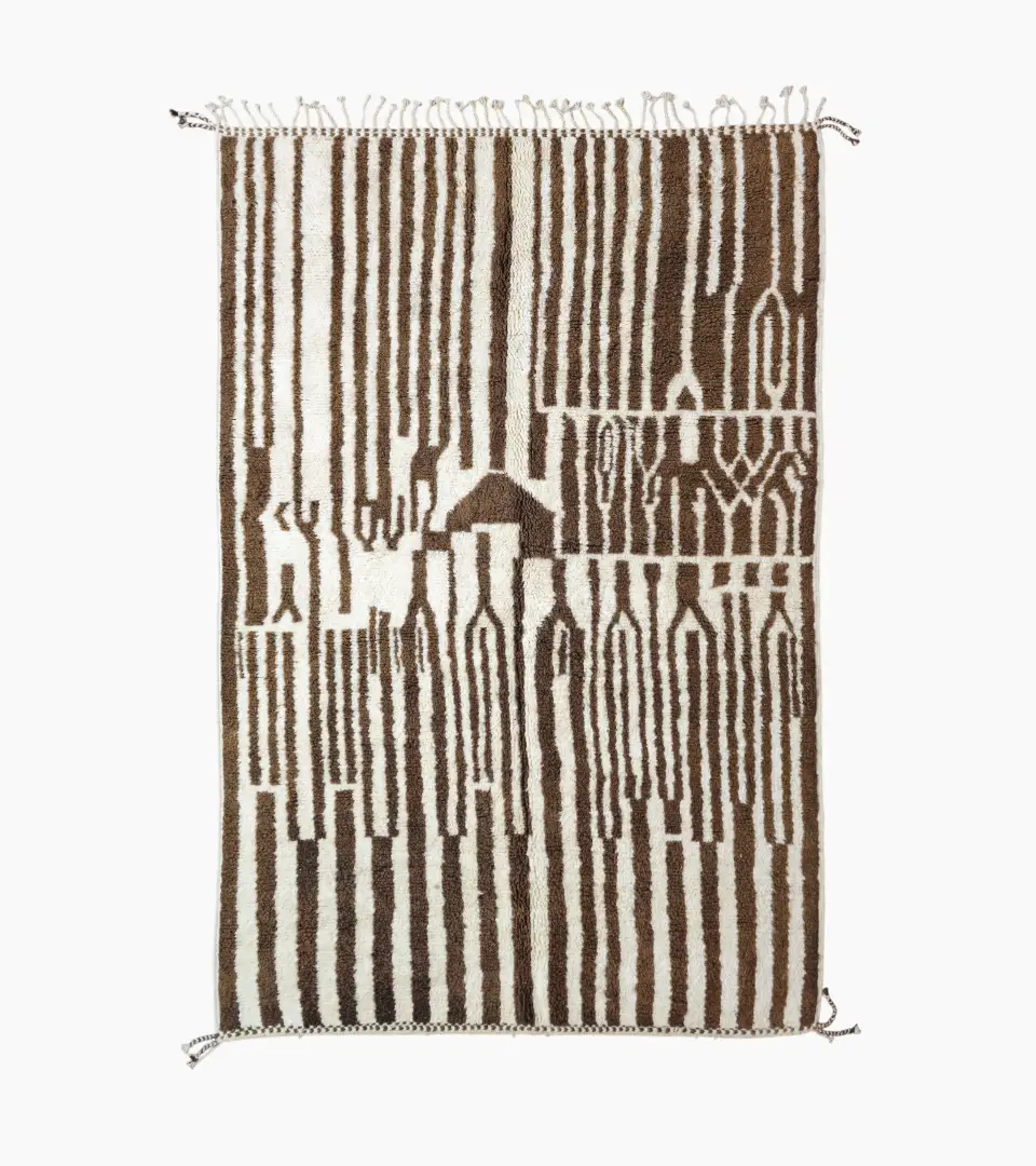Top View of Handwoven wool rug with a bold stripe and tribal pattern for indoor/outdoor use