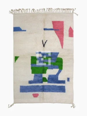 Top View of Hand-Knotted Contemporary Abstract Wool Area Rug with Colorful Shapes