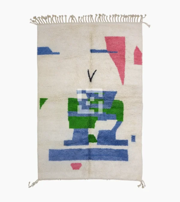 Top View of Hand-Knotted Contemporary Abstract Wool Area Rug with Colorful Shapes