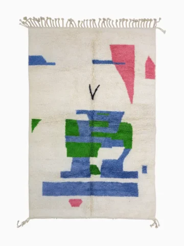 Top View of Hand-Knotted Contemporary Abstract Wool Area Rug with Colorful Shapes