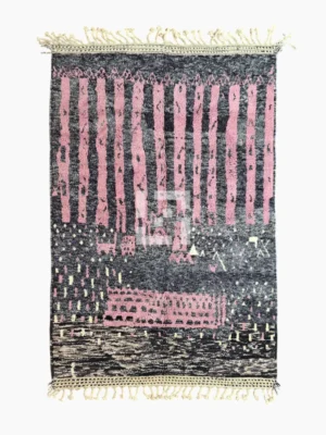 Top View of Handmade Moroccan wool rug with an abstract striped design in rose pink and charcoal