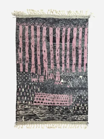 Top View of Handmade Moroccan wool rug with an abstract striped design in rose pink and charcoal