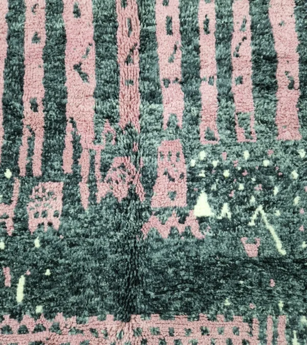 Detailed View of Handmade Moroccan wool rug with an abstract striped design in rose pink and charcoal