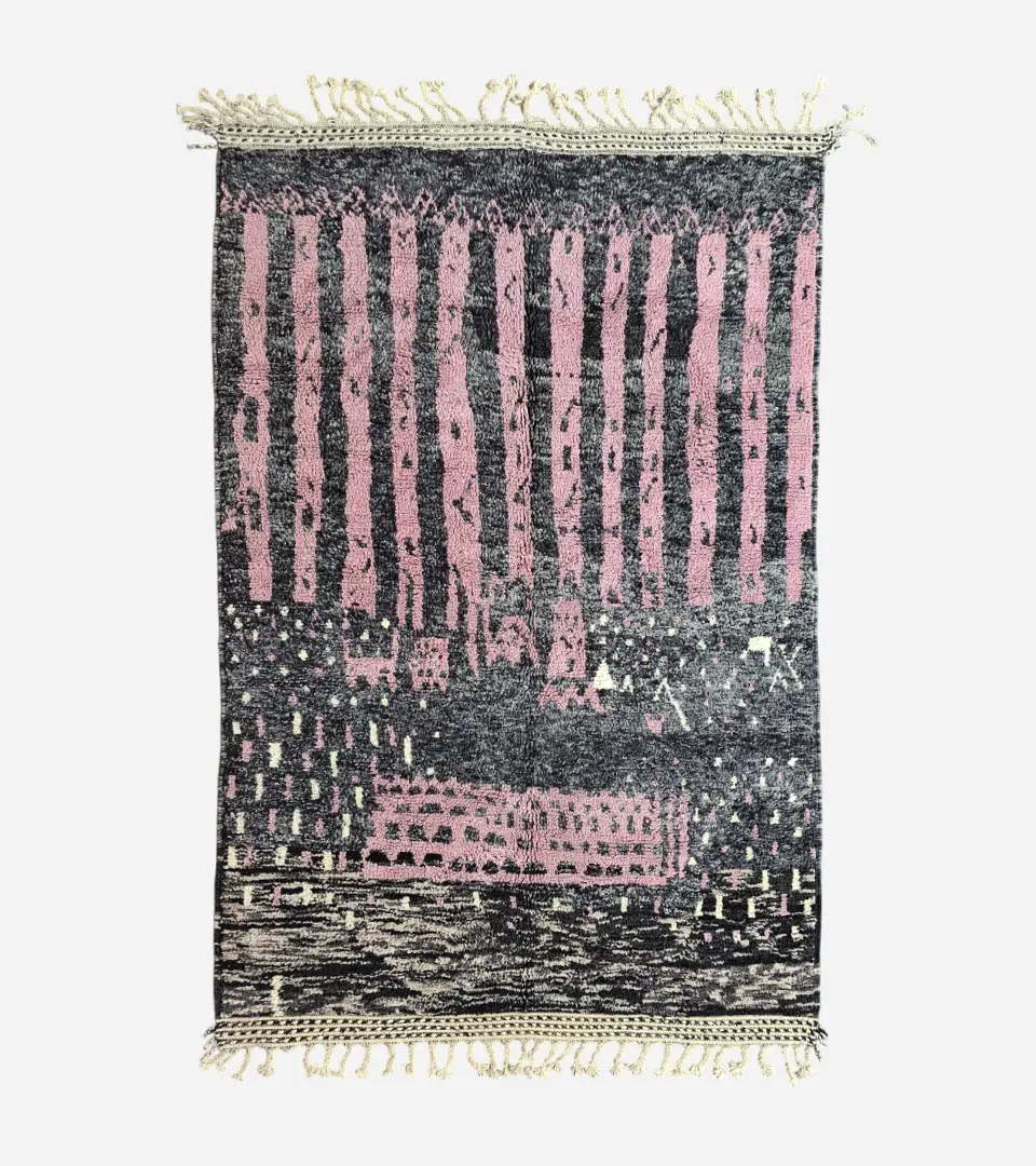 Top View of Handmade Moroccan wool rug with an abstract striped design in rose pink and charcoal