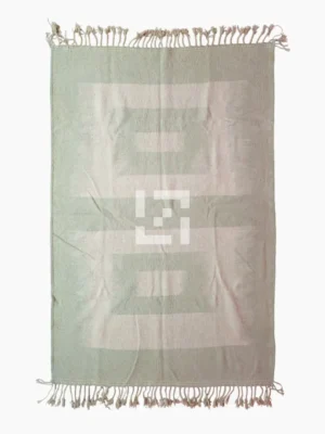 Top View of Adel handmade Kilim flatweave wool rug with a pale green background and a white geometric pattern