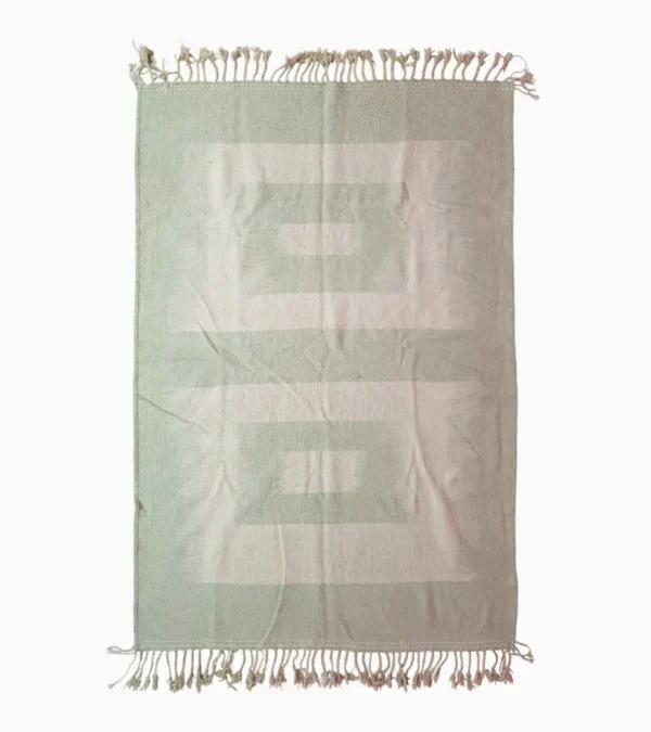 Top View of Adel handmade Minimalist Flatweave rug with a pale green background and a white geometric pattern