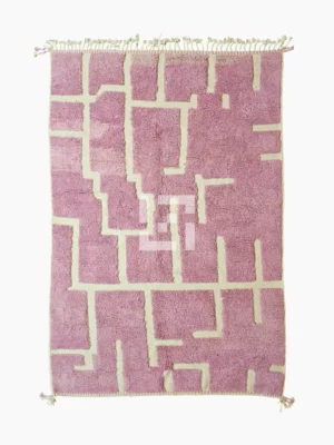 Top View of Aivra handmade Beni Ourain wool rug with a minimalist pink and ivory labyrinth design
