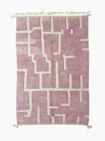 Top View of Aivra handmade Beni Ourain wool rug with a minimalist pink and ivory labyrinth design