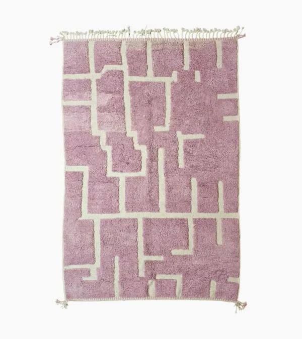 Top View of Aivra handmade Beni Ourain wool rug with a minimalist pink and ivory labyrinth design