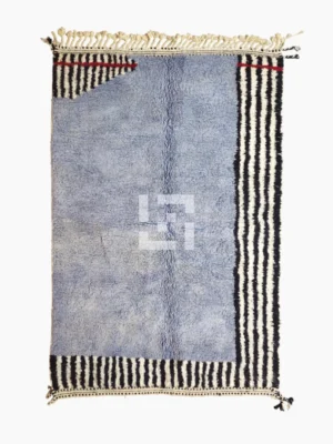 Top View of Handmade Moroccan wool rug with a minimalist block and stripe design in blue, black, and white