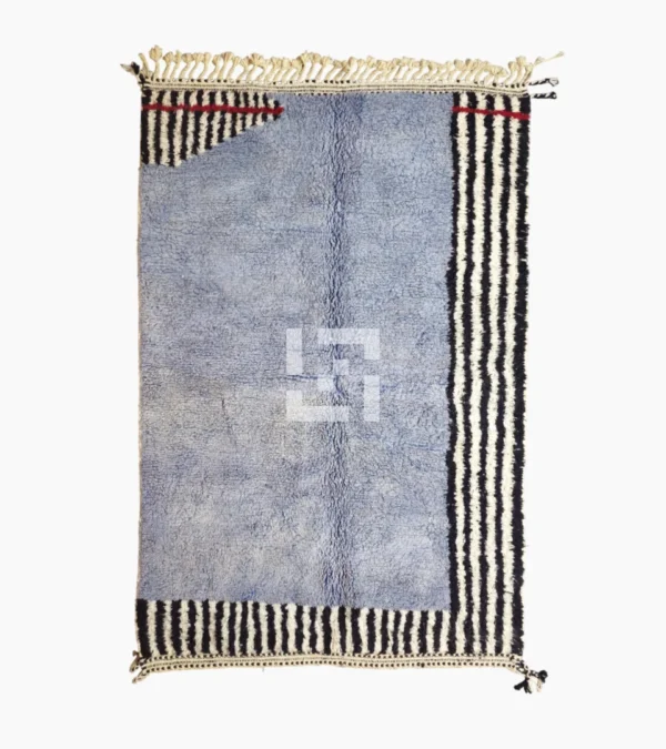 Top View of Handmade Moroccan wool rug with a minimalist block and stripe design in blue, black, and white