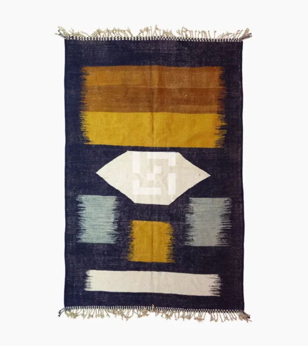 Top View of Alice handmade Kilim flatweave rug with a boho geometric design in navy, yellow, brown, and white