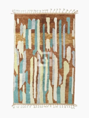 Top View of Handmade Moroccan wool rug with an abstract brushstroke design in cream, beige, blue, and yellow on a brown background