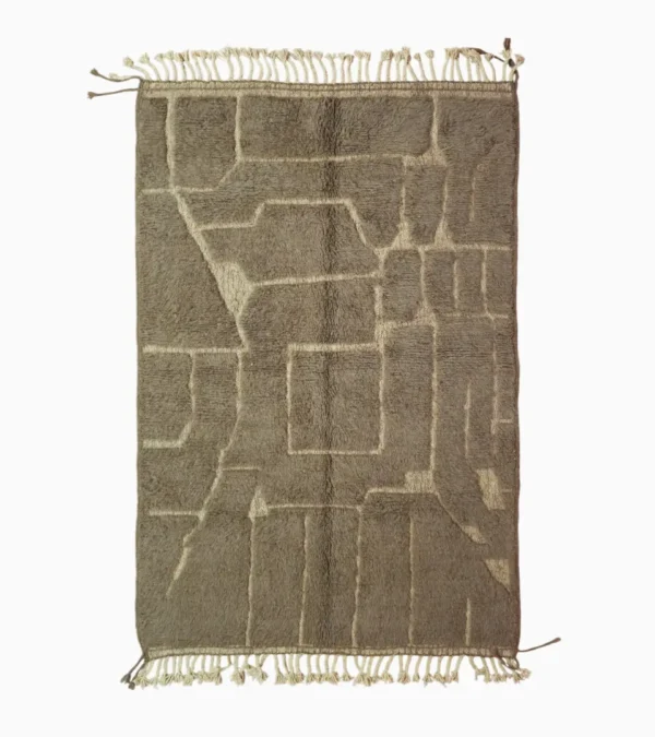 Top View of Anis handmade Beni Ourain wool rug with a subtle abstract geometric design in textured taupe and ivory