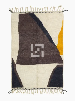 Top View of Anita handmade Beni Ourain wool rug with an abstract geometric design in brown, black, and mustard yellow