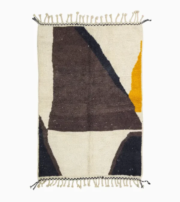 Top View of Anita handmade Beni Ourain wool rug with an abstract geometric design in brown, black, and mustard yellow