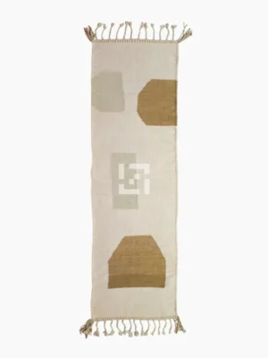 Top View of Aria handmade Moroccan flatweave runner rug with minimalist geometric shapes in tan and grey