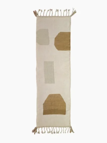 Top View of Aria handmade Moroccan flatweave runner rug with minimalist geometric shapes in tan and grey