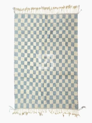 Top View of Aura handmade Beni Ourain wool rug with a modern blue and ivory checkerboard design
