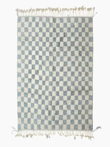 Top View of Aura handmade Beni Ourain wool rug with a modern blue and ivory checkerboard design