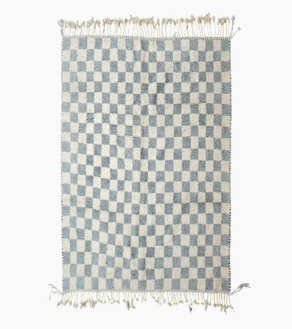 Top View of Aura handmade Beni Ourain wool rug with a modern blue and ivory checkerboard design