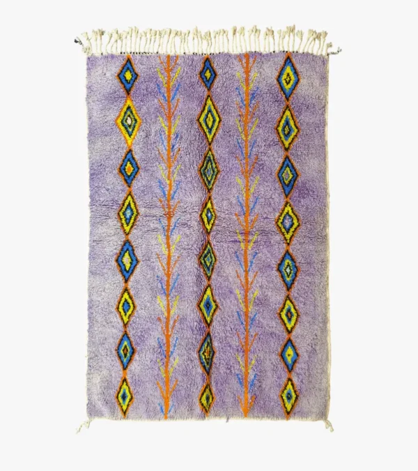 Top View of Handmade Moroccan wool rug with a diamond trellis pattern in yellow, blue, and orange on lavender