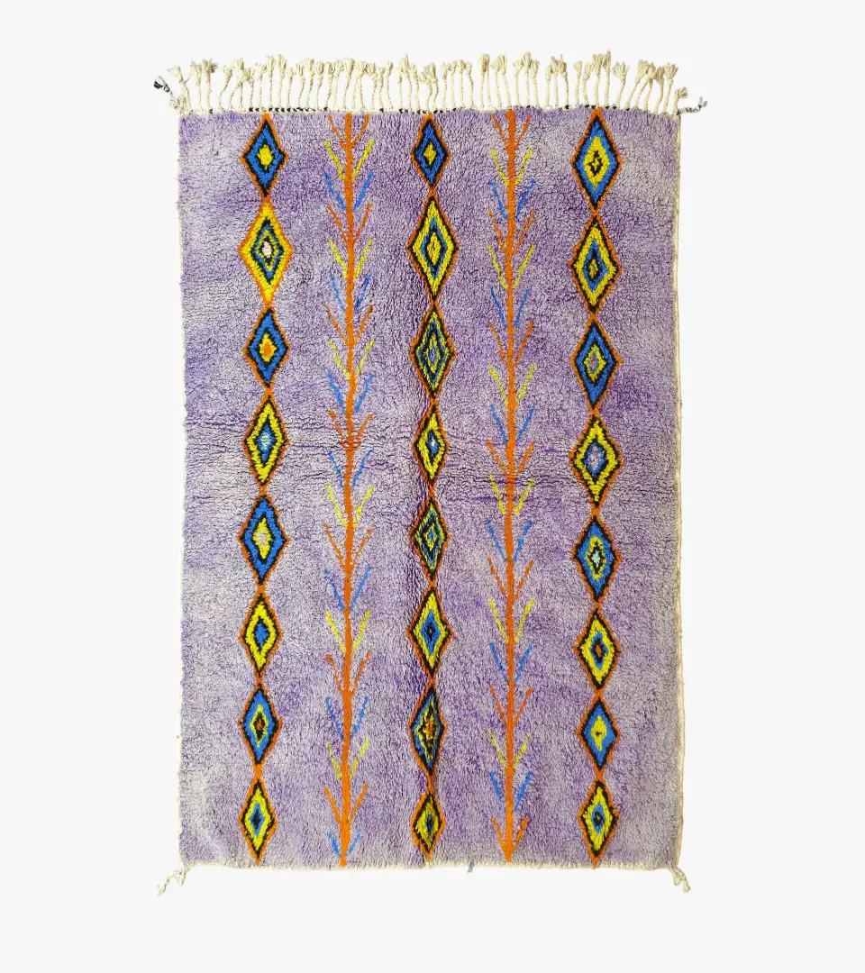 Top View of Handmade Moroccan wool rug with a diamond trellis pattern in yellow, blue, and orange on lavender