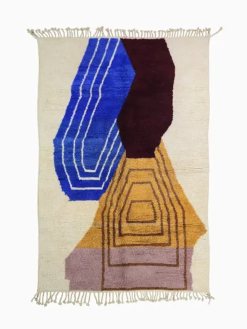 Top View of Handmade Beni Ourain wool rug with an abstract geometric pattern and high pile