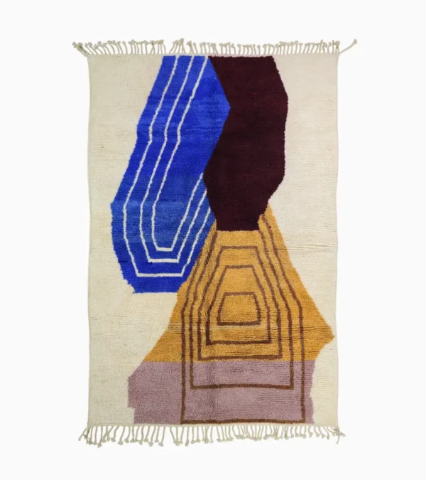 Top View of Handmade Beni Ourain wool rug with an abstract geometric pattern and high pile