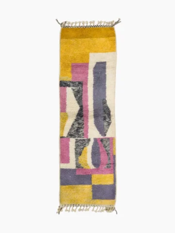 Top View of Handmade Azilal wool runner with a boho abstract colorblocked design in yellow, pink, lavender, gray, and ivory