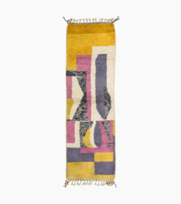 Top View of Handmade Azilal wool runner with a boho abstract colorblocked design in yellow, pink, lavender, gray, and ivory