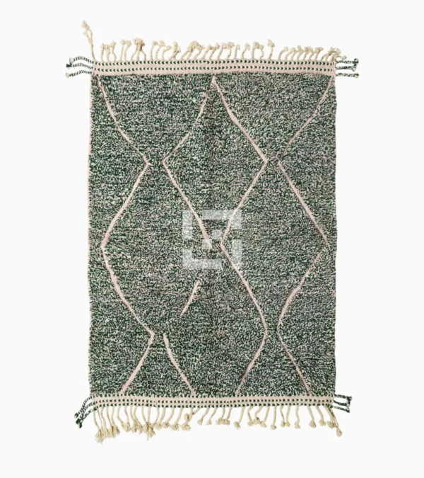 Top View of Handmade Moroccan wool rug with a high/low pile and a green textured lattice pattern