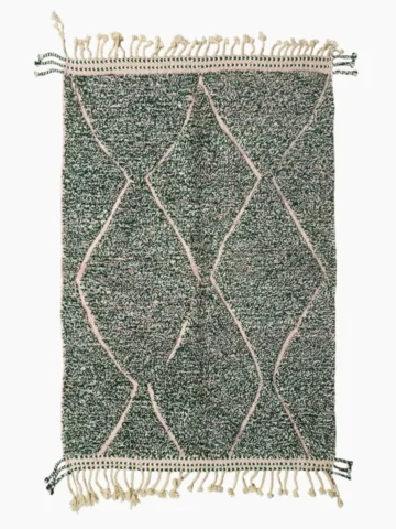 Top View of Handmade Moroccan wool rug with a high/low pile and a green textured lattice pattern