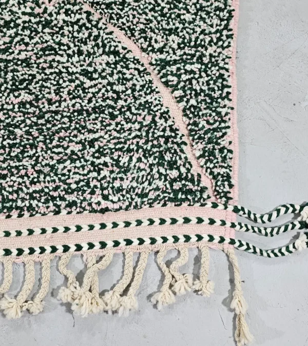 Detailed View of Handmade Moroccan wool rug with a high/low pile and a green textured lattice pattern