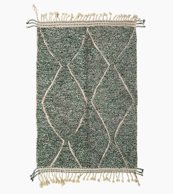 Top View of Handmade Moroccan wool rug with a high/low pile and a green textured lattice pattern