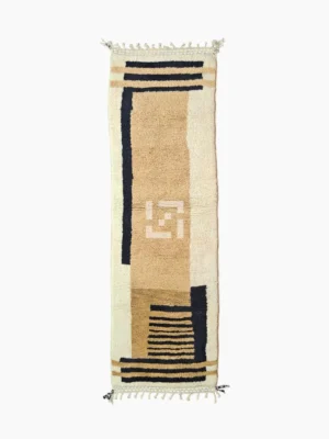 Top View of Brann handmade Beni Ourain wool runner with a striped and block design in black, beige, and ivory